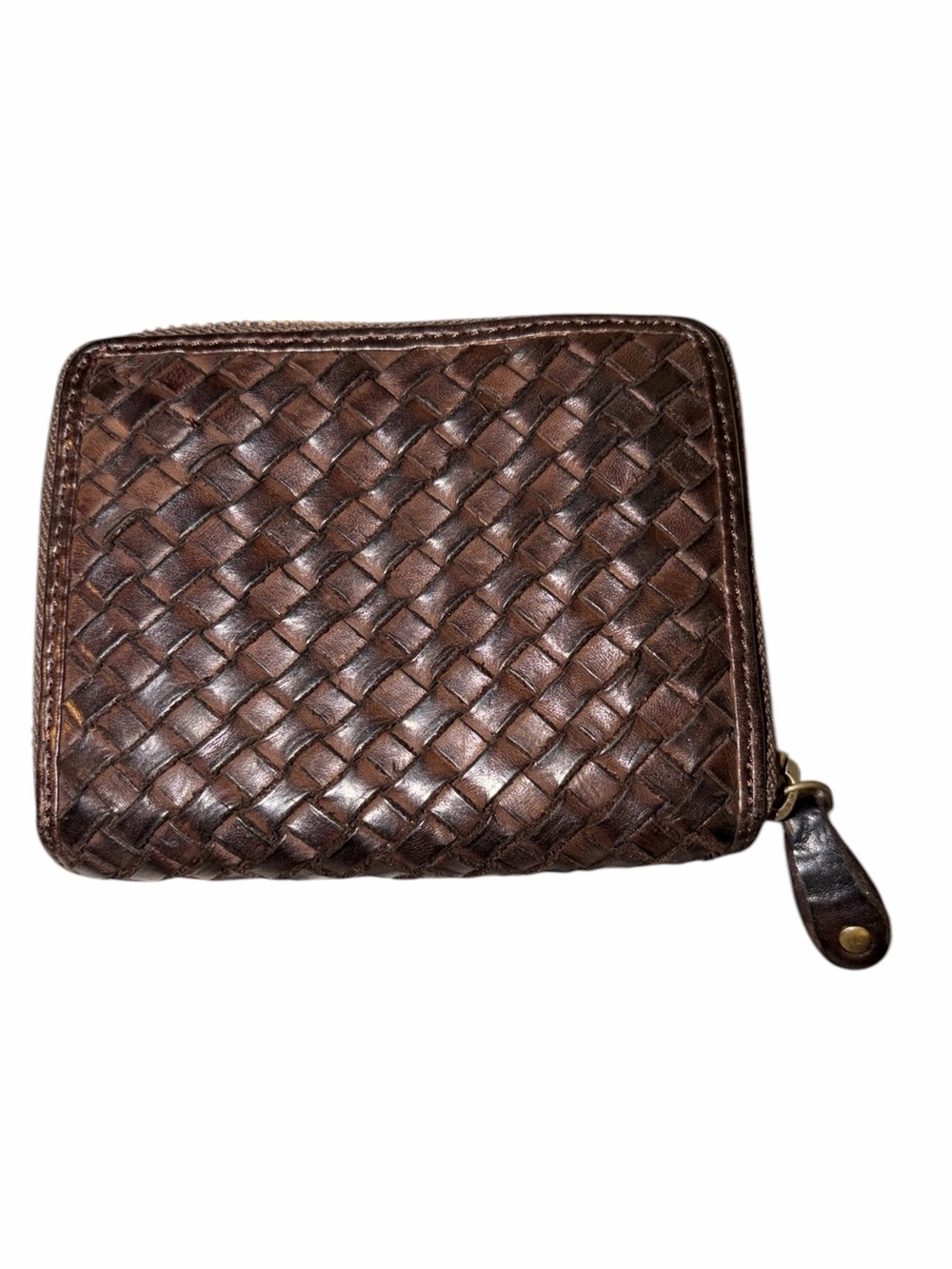 EUC Marta Ponti Brown Woven Leather Zip Around Wallet Intrecciato Style Designer